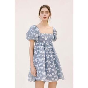 Storia Romantic Floral Babydoll Mini Dress Blue Puff Sleeve Cottage Medium